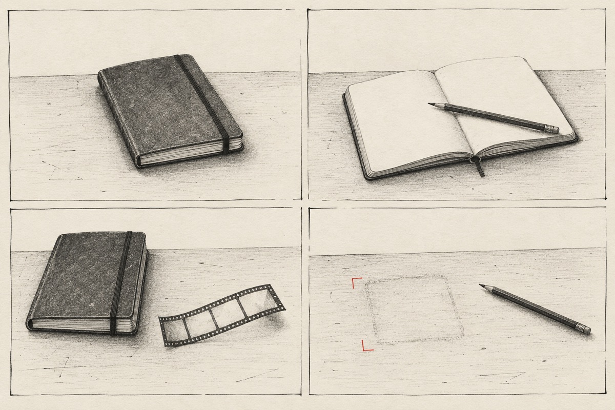 A drawn contact sheet: a notebook, a pencil, a strip of film, and the empty place left after writing.